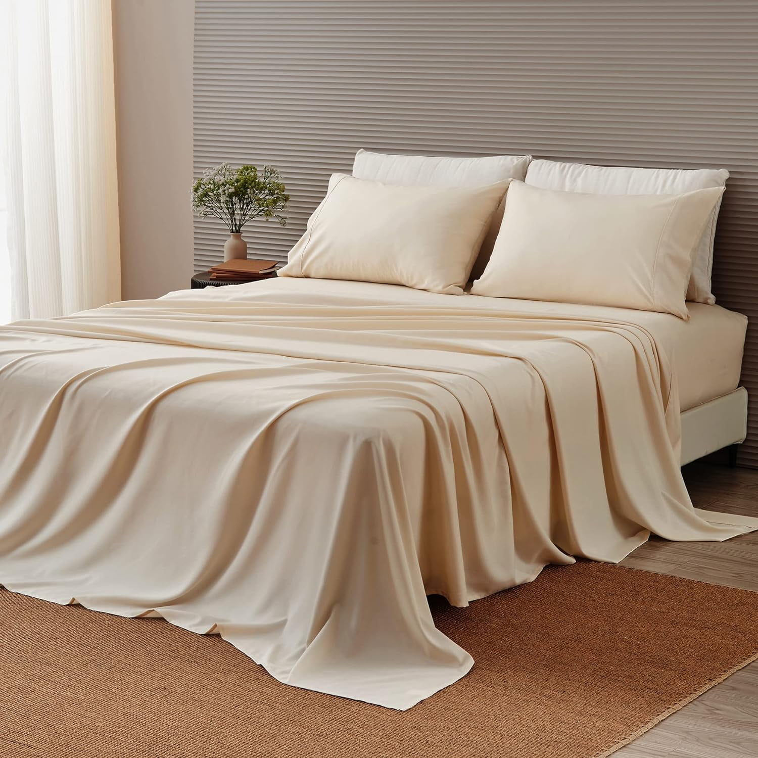 4 Piece Luxury Bamboo Sheet Set Silky Soft Blend Of Rayon Derived