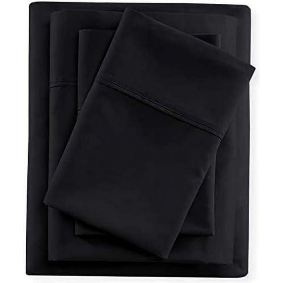 4 Piece Luxury Bed Sheet Set, 1 Piece Flat Sheet, 1 Piece Fitted Sheet and 2 Pliiowcases, 100% Egyptian Cotton, 400 Thread Count, 10" Deep Pocket - Full Size - Black Solid.