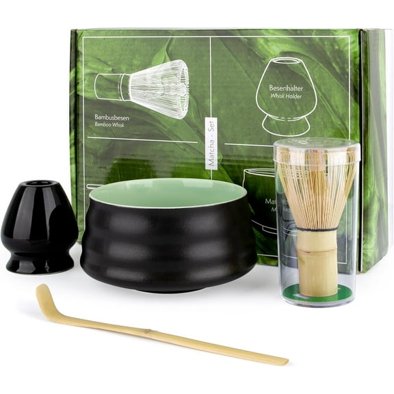 4-Piece Matcha Starter Kit Ceramic Matcha Bowl, Bamboo Whisk, Scoop, and Holder Traditional Japanese Matcha Tea Set for Beginners & Tea Lovers (Black)