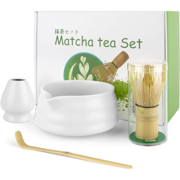 4-Piece Matcha Starter Kit Ceramic Matcha Bowl, Bamboo Whisk, Scoop, and Holder Traditional Japanese Matcha Tea Set for Beginners & Tea Lovers (White)