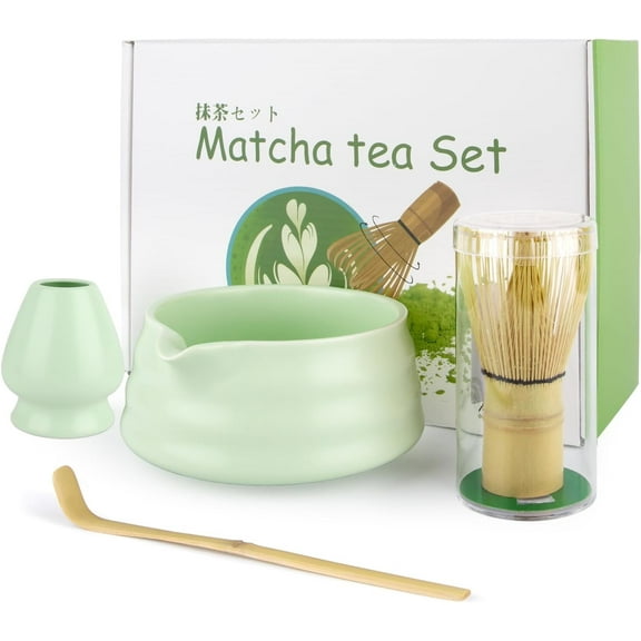 4-Piece Matcha Starter Kit – Ceramic Matcha Bowl, Bamboo Whisk, Scoop, and Holder – Traditional Japanese Matcha Set for Home & Gifting (Light Green)