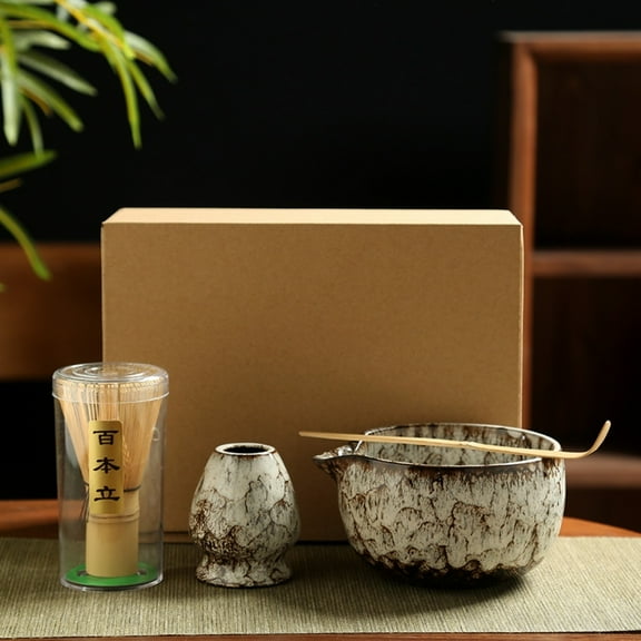 4-Piece Matcha Tea Set Safe Bamboo Whisk Kit and Ceramic Bowl with Spout for Matcha Lover and Beginner