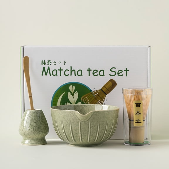 4-Piece Matcha Tea Set Traditional Japanese Matcha Kit with Bamboo Whisk, Scoop, Ceramic Whisk Holder & Sifter Beautiful Kiln-Glazed Green Design
