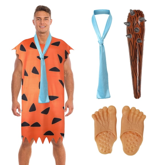 4-Piece Men's Caveman Costume, Primitive Fancy Dress Outfit with Tie, Inflatable Spiked Stick & Foot Covers for Halloween Cosplay & Family Parties