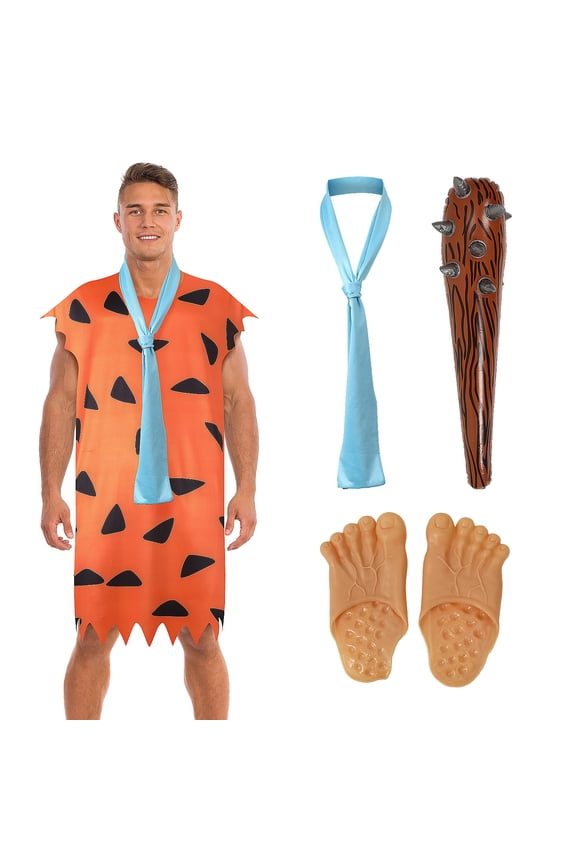 4-Piece Men's Caveman Costume, Primitive Fancy Dress Outfit with Tie, Inflatable Spiked Stick & Foot Covers for Halloween Cosplay & Family Parties