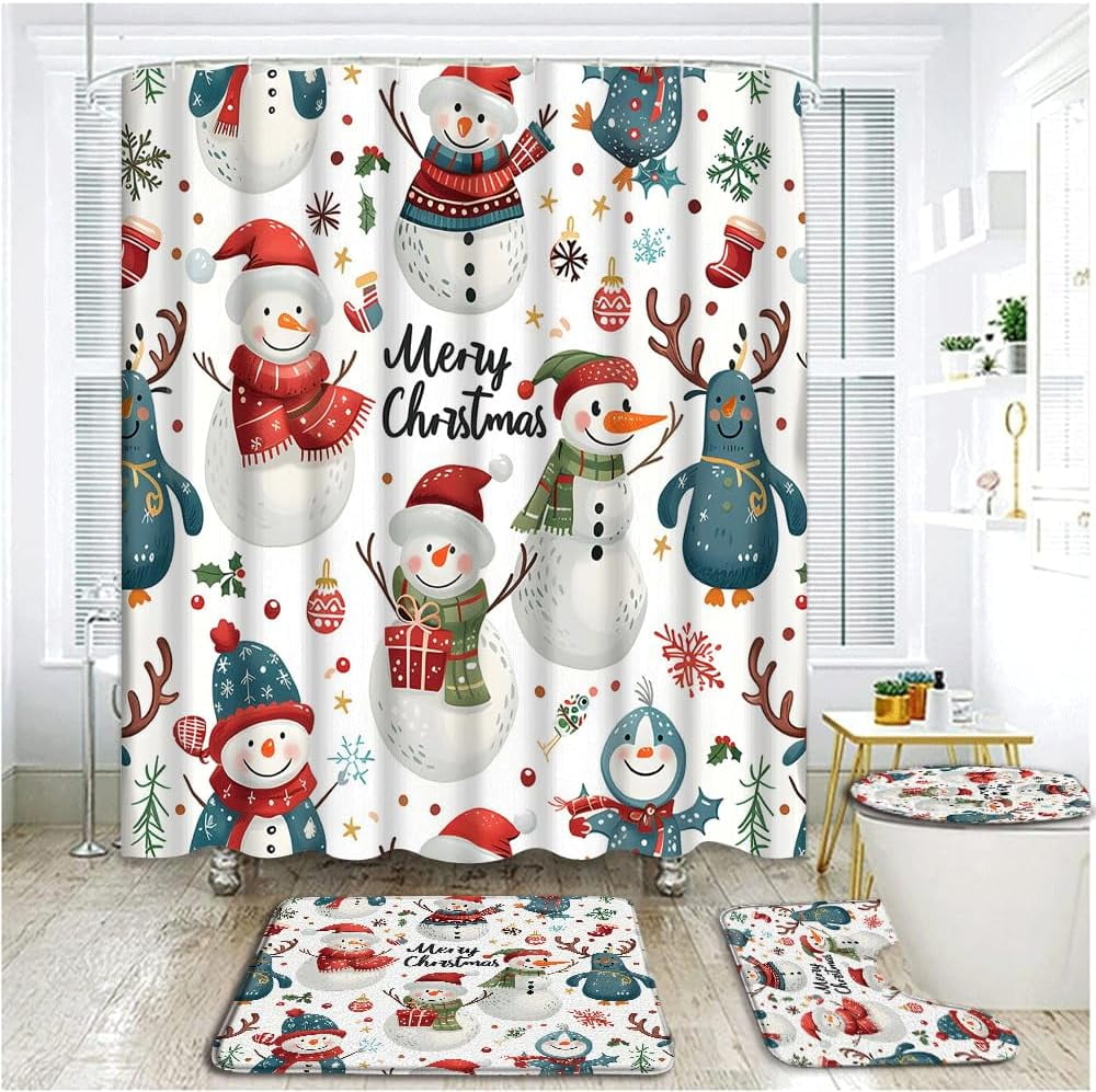 4 Piece Merry Christmas Shower Curtain Set with Rugs, Toilet Lid Cover