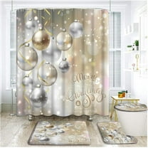 4 Piece Merry Christmas Shower Curtain Sets with Rugs, Toilet Lid Cover ,Shining Snowflakes Ribbons and Gold Silver Xmas Balls Snowflake Glitter Sparkle Winter Bathroom Shower Curtain with 12 Hooks