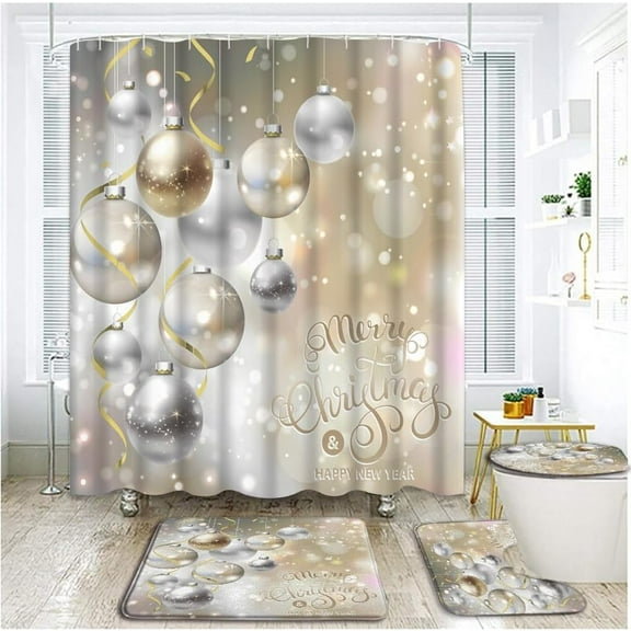 4 Piece Merry Christmas Shower Curtain Sets with Rugs, Toilet Lid Cover ,Shining Snowflakes Ribbons and Gold Silver Xmas Balls Snowflake Glitter Sparkle Winter Bathroom Shower Curtain with 12 Hooks