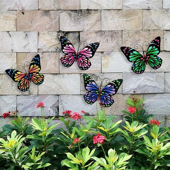 4 Piece Metal Butterfly Wall Decor Art Outdoor Outside Indoor Garden Patio Yard Fence 3D Colored Metal Butterflies Sculpture Wall Art / Outdoor Wall Decor