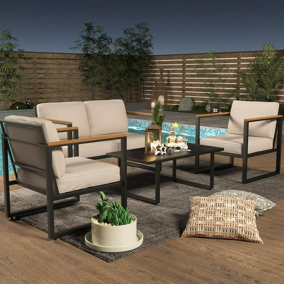 4 Piece Metal Outdoor Conversation Set with Thick Cushions, All Weather Patio Furniture Set with Coffee Table, Loveseat, and 2 Chairs for Backyard, Balcony