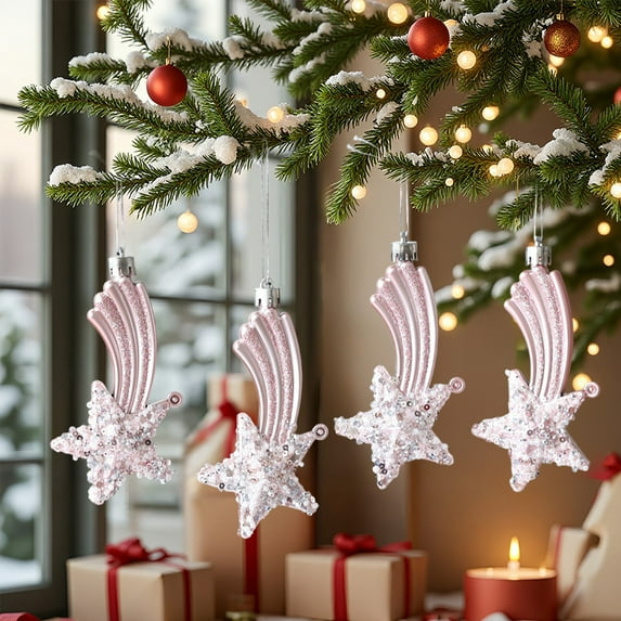4-Piece Meteor Christmas Ornaments Set - Glitter Hanging Decor for Tree & Wreaths (Shatterproof Plastic, Multi-Color Star-Shaped Holiday Accents)