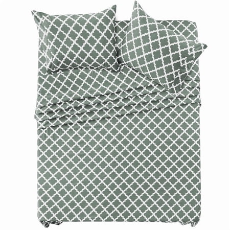 Lux Decor King Size Sheet Set 4 Piece, Soft Microfiber, Deep Pockets - Quatrefoil Pattern, 1 Fitted & 1 Flat Sheet, 2 Pillowcases, Gray