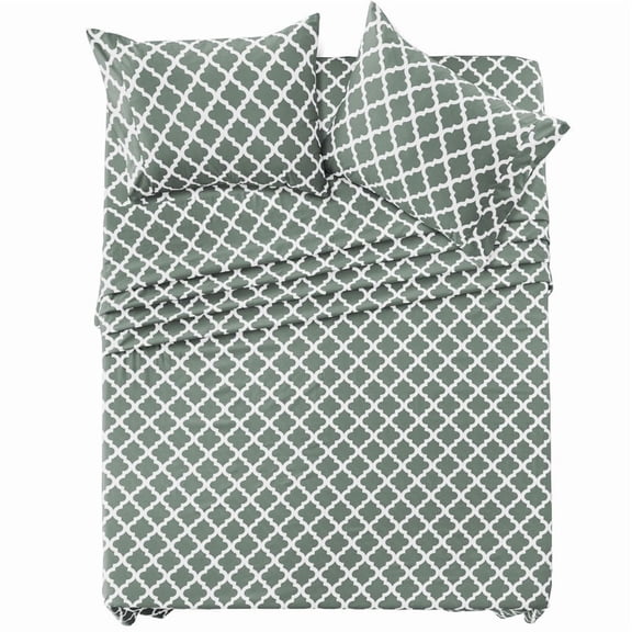 Lux Decor King Size Sheet Set 4 Piece, Soft Microfiber, Deep Pockets - Quatrefoil Pattern, 1 Fitted & 1 Flat Sheet, 2 Pillowcases, Gray