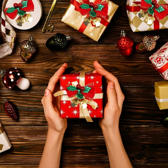 4-Piece Mini Christmas Bow Decorations Set with Bells | Gold & Green Velvet & Linen Bows for Gift Wrapping, Tree & Wreath Decor | 1.77 Inch Small Craft Bows