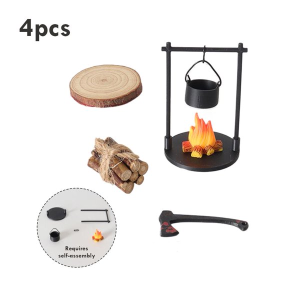 4-Piece Miniature Hanging Cauldron & Campfire Model Set, Simulated Firewood Flame Figurine, Micro Landscape Desk Decor