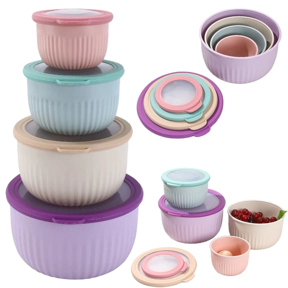 4-Piece Mixing Bowl Set with Lids, Colorful Plastic Food Storage Prep Bowls, Nesting Wide Deep Containers for Kitchen Meal Prep Leftovers, Dishwasher Freezer Safe, Gradient Colors S-XL