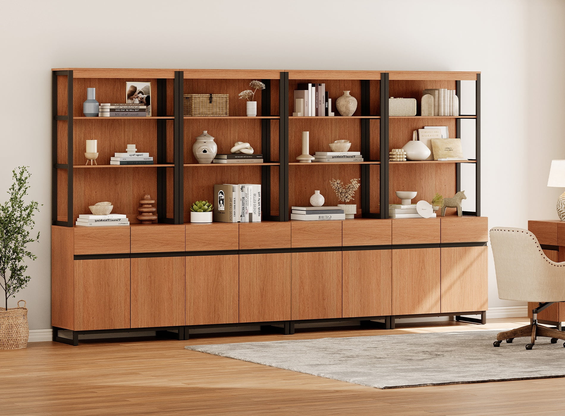4-Piece Modern 72" Tall Library Bookcases with Metal Base & Adjustable Shelves, Wood Bookshelves with Storage Cabinet & Open Shelves for Home Office & Living Room, Mocha