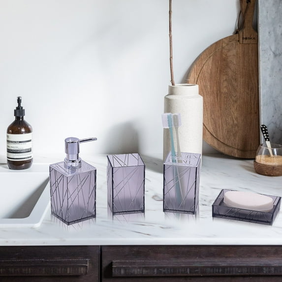4-Piece Modern Bathroom Accessory Set - Soap Dispenser, Toothbrush Holder, Tumbler & Soap Dish, Plastic, White/Gray, Complete Countertop Organizer Set