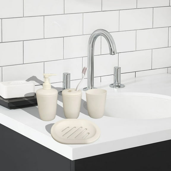 4 Piece Modern Bathroom Accessory Set with Soap Dispenser Toothbrush Holder Tumbler and Soap Dish Plastic Gray or Beige for Countertop Organization