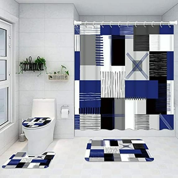 4-Piece Modern Bathroom Set - Premium Shower Curtain, Anti-Slip Bath Mat, Toilet Cover & U-Shaped Rug in Multiple Colors