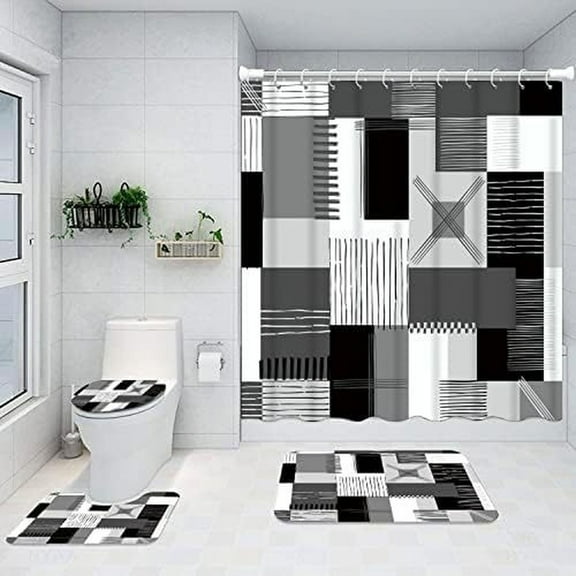 4-Piece Modern Bathroom Set - Premium Shower Curtain, Anti-Slip Bath Mat, Toilet Cover & U-Shaped Rug in Multiple Colors