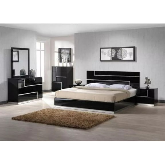 4 Piece Modern California King Bedroom Set, Black Lacquer Finish Platform Bed, Nightstand, Dresser and Mirror