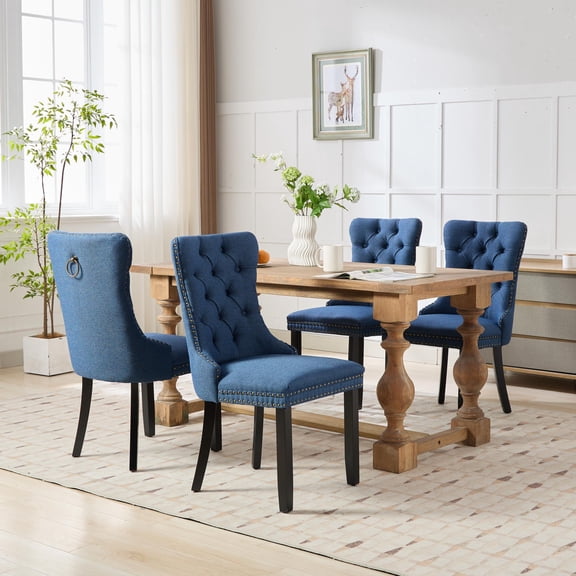 4-Piece Modern Dining Chair Set, Linen Fabric Tufted Upholstered Kitchen Chairs with Solid Wood Legs, Comfortable Accent Dining Seating | Sillas de Comedor