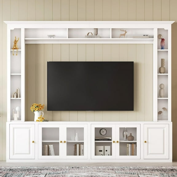 4-Piece Modern Entertainment Center Wall Unit with Bookshelves, All-in-1 Large TV Stand with Tempered Glass Door for TVs Up to 80", 92inch Media Console with Adjustable Shelves for Living Room, White
