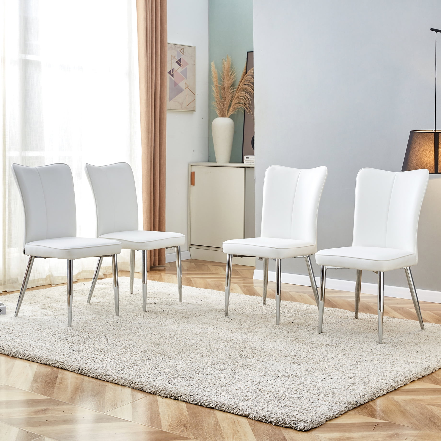 4Piece Modern PU Leather Upholstered Dining Chairs with Curved Backrest, Minimalist Armless