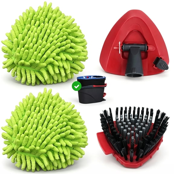 4-Piece Mop Replacement Set Compatible with O-Cedar RinseClean 2-Tank Spin Mop - 2 Chenille Heads + Mop Base + Scrub Brush, Machine Washable
