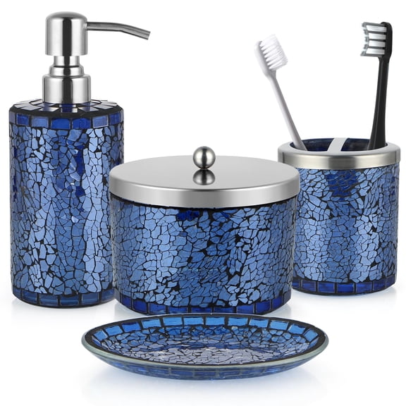 4-Piece Mosaic Glass Bathroom Accessories Set, Shiny Blue, Countertop Organizing