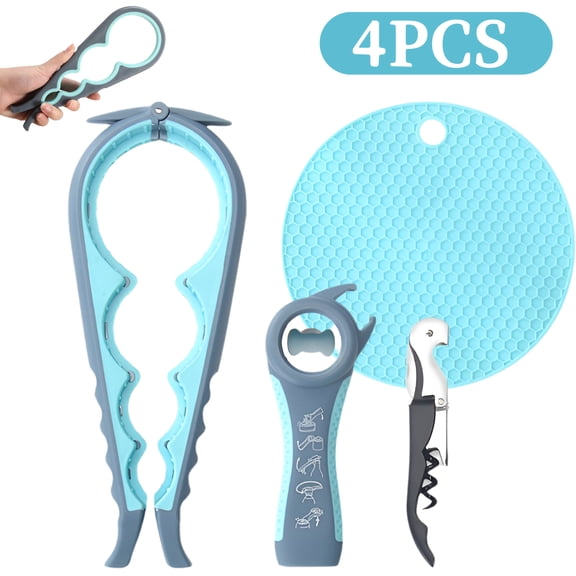 4-Piece Jar Opener Set, Non-Slip Easy Grip Bottle Can Opener with Wine Corkscrew for Arthritic Hands Seniors Blue
