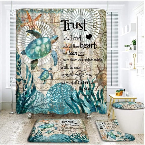 4 Piece Nautical Turtle Shower Curtain Set with Rugs, Toilet Lid Cover ,Inspirational Quote Teal Sea Animal Vintage Map Beach Coral Reef Tropical Undersea Landscape Bathroom Shower Curtain with Hooks