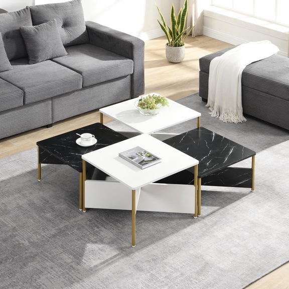 4-Piece Nesting Table Set, Modular Square Coffee Tables with Marble-Look Finish and Gold Metal Legs, Black and White