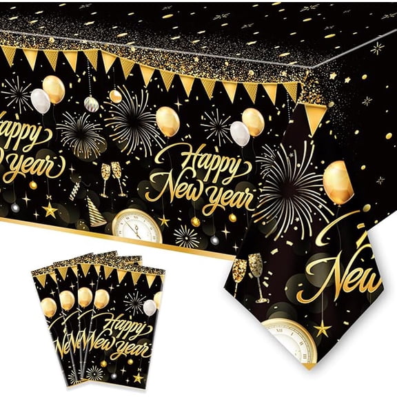 4 Piece New Year Tablecloths Black Gold Disposable Plastic Table Covers 108 x 54 Inches