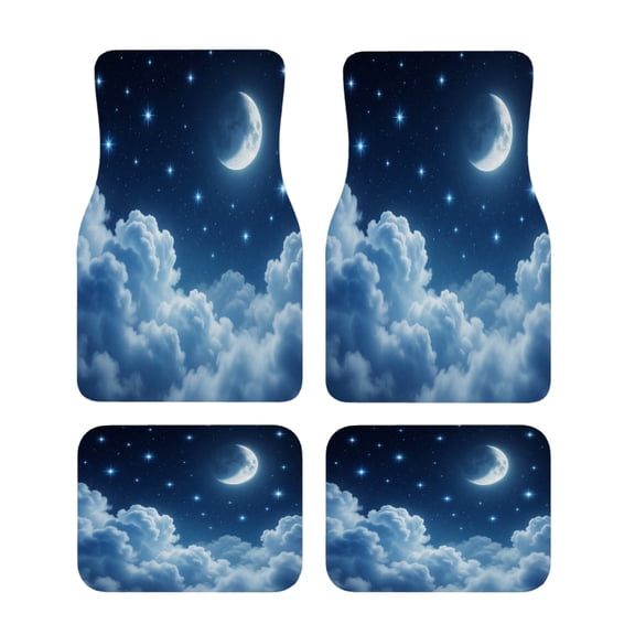 4-Piece Night Sky Moon Stars Clouds Decorative Van Women Car Floor Mats, Universal Fit Polyester All Weather Auto Floor Liners for Cars Trucks Suvs, Anti-Slip Easy Clean Interior Set