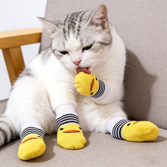4-Piece Non-Slip Pet Socks, Yellow Duck-design Paw Covers with Grip Soles, for Small to Medium Dogs and indoor Cats including Teddy, Corgi and Feline Companions, Pet Paw