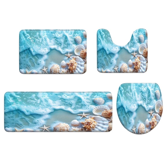4Piece Oceans Themed Bathroom Mat Set, NonSlip Soft Absorbent Bath Rug Kit with Sea Shell Print, Contour Toilet Mat for Shower Bathroom Floor Decor