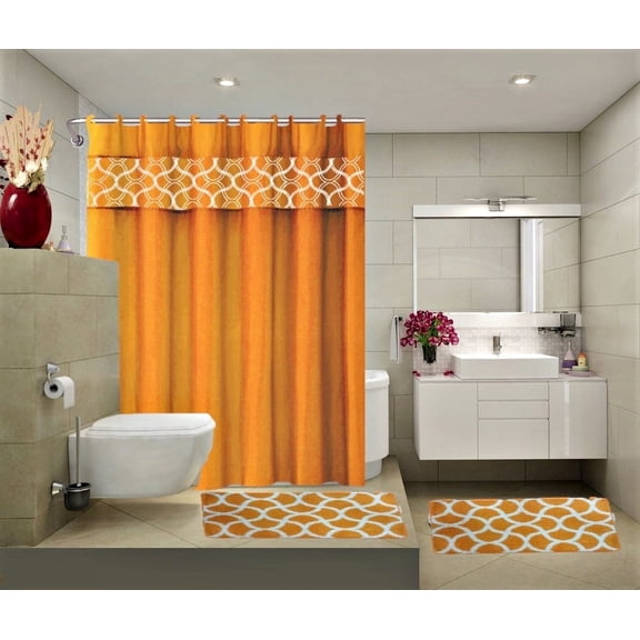 4 Piece Orange Butterfly Bathroom For Any Season Print Design Set 2 Bath Math, 1 piece Shower Curtain, 12 Rings Covered Anti -Slip Rubber Mat Backing