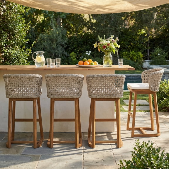VTNG Set of 4 Acacia Wood Outdoor Bar Stools with Wicker Backs and Beige Cushions