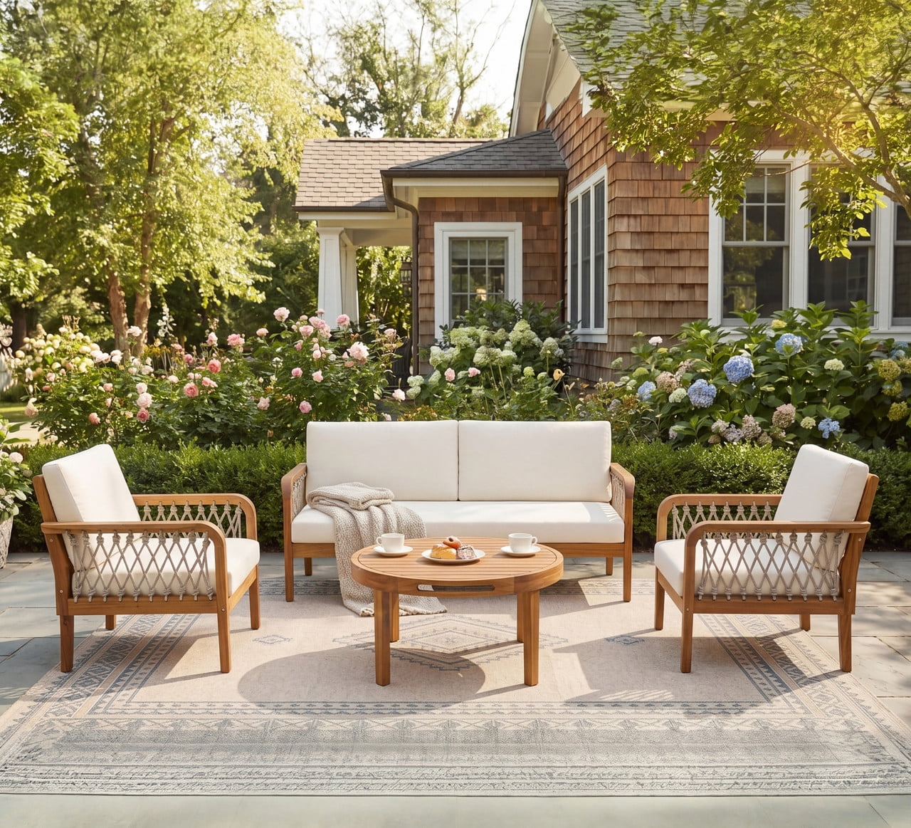 4-Piece Outdoor Acacia Wood Sectional Sofa Set, Patio All-Weather Conversation Chat Set with Woven Rope Armrests & Removable Cushions