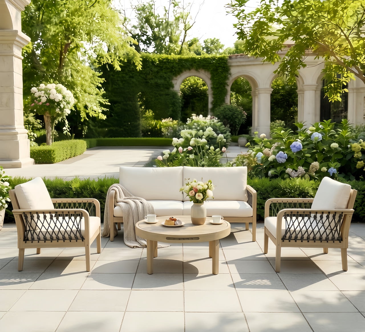 4-Piece Outdoor Acacia Wood Sectional Sofa Set, Patio All-Weather Conversation Chat Set with Woven Rope Armrests & Removable Cushions