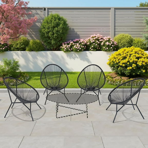 4-Piece Outdoor Acapulco Chairs Set, Modern Patio Furniture Set, Woven Bistro Set with Steel Frame for Balcony, Lawn, Porch and Garden, Black