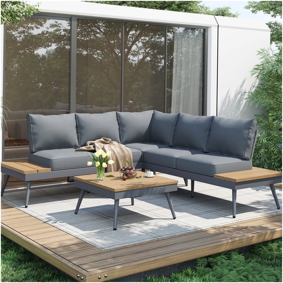 4-Piece Outdoor Aluminum Sectional Sofa Set with Table, Grey with Wood Grain Look