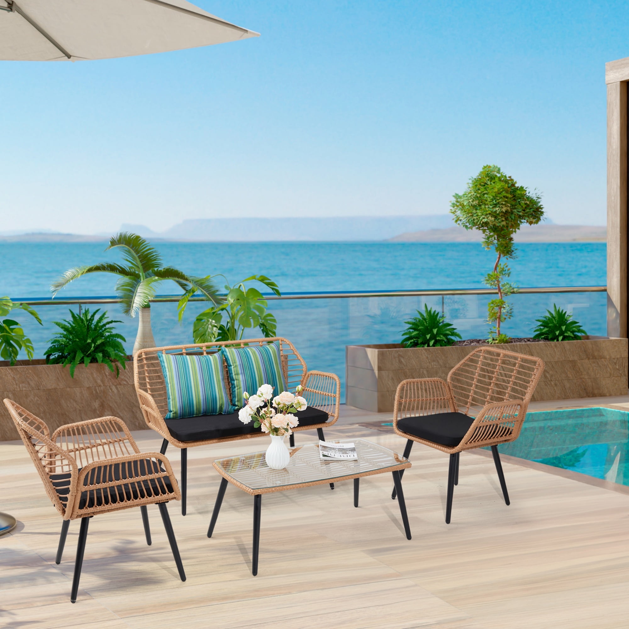 4-Piece Outdoor Bistro Rattan Chairs Set, Patio Bistro Set with All ...