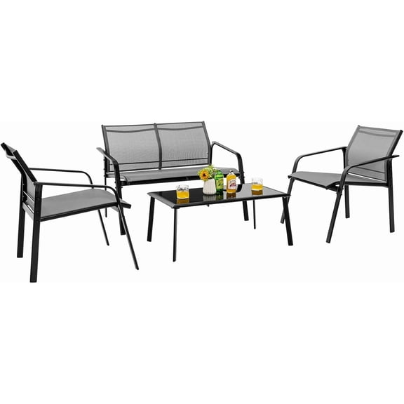 4 Piece Outdoor Conversation Set Patio Furniture Set, Breathable Fabric Single Chairs & Loveseat, Tempered Glass Coffee Table, Patio Bistro Set for Poolside Yard Garden