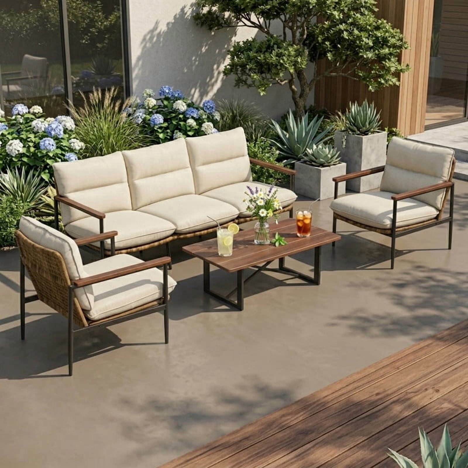 4-Piece Outdoor Conversation Sets, Sofas & Coffee Table Patio Chat Sets, Aluminum Sectional Sofa