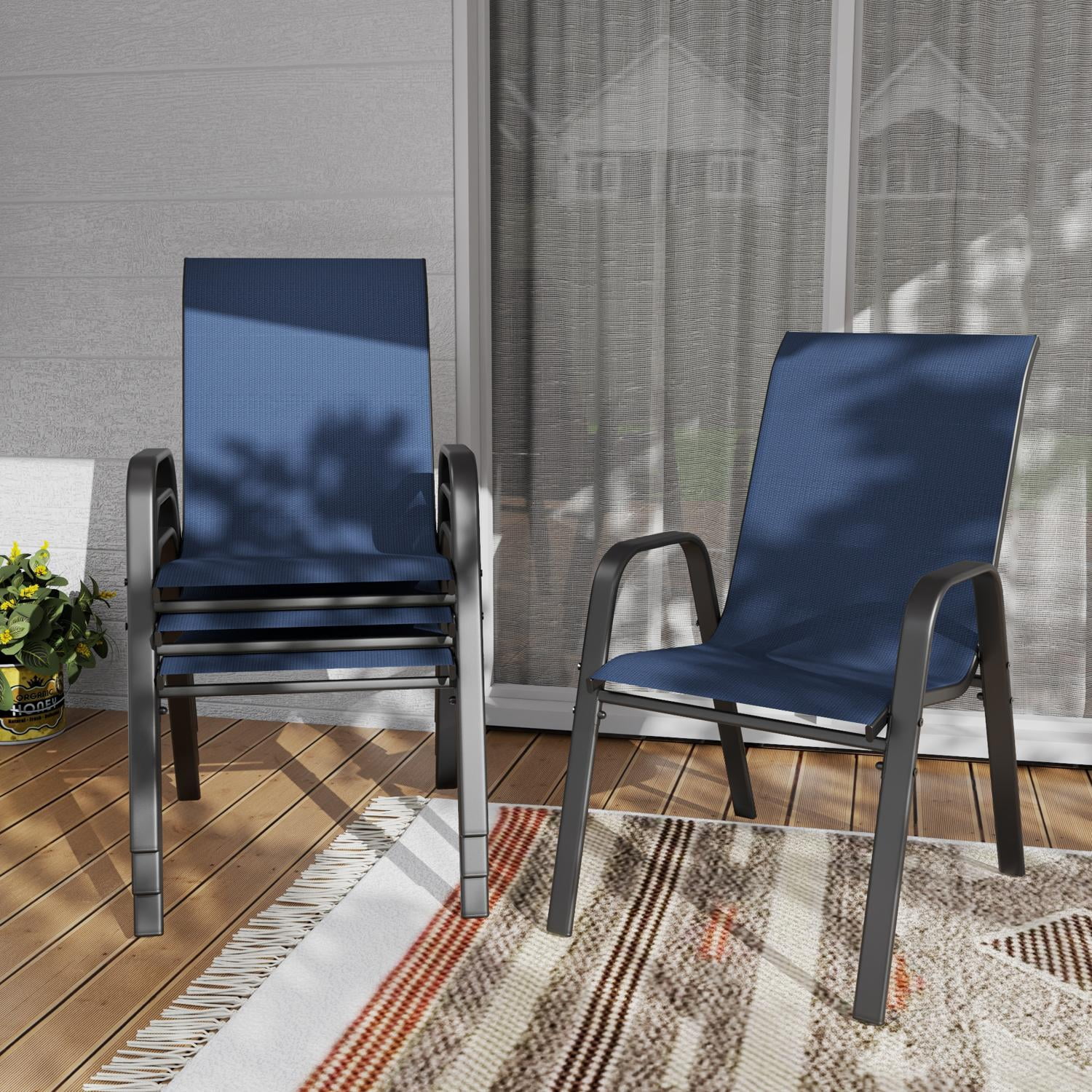 4-Piece Outdoor Dining Chair 4-Piece Set with Wide Ergonomic Seat, 350 lb Capacity Heavy Duty Metal Frame, Waterproof Teslin Fabric & Rust-Resistant for Patio Restaurant, Navy Blue