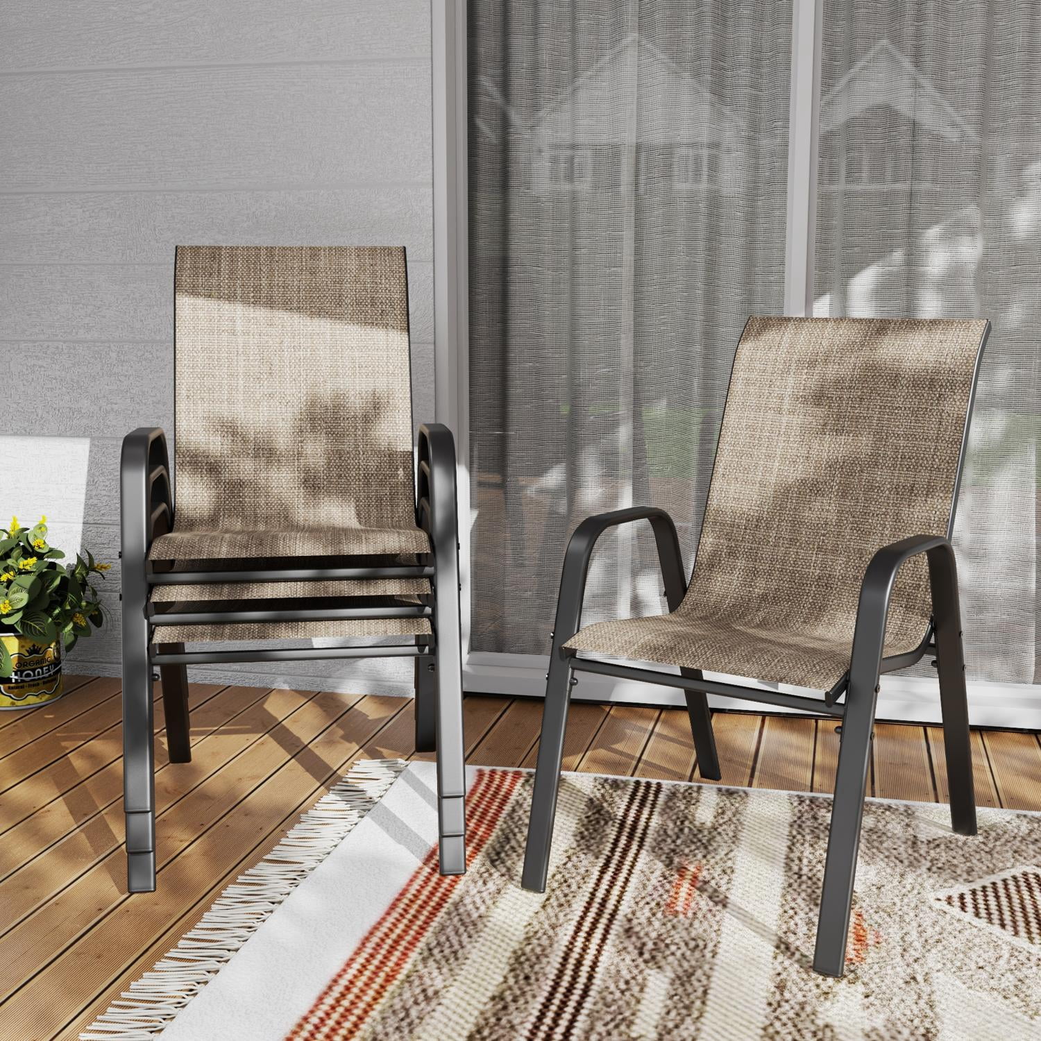 4-Piece Outdoor Dining Chair with Wide Ergonomic Seat, 350 lb Capacity Heavy Duty Metal Frame, Waterproof Teslin Fabric & Rust-Resistant, Ergonomic Lumbar Support for Patio, Brown