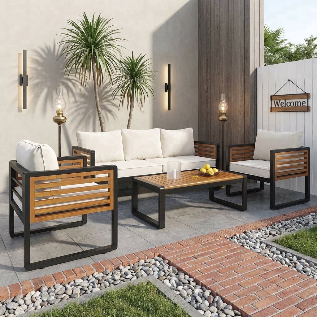 4-Piece Outdoor Furniture Set, Large Metal Patio Conversation Set with Cushion & Acacia Wood Tabletop, Beige
